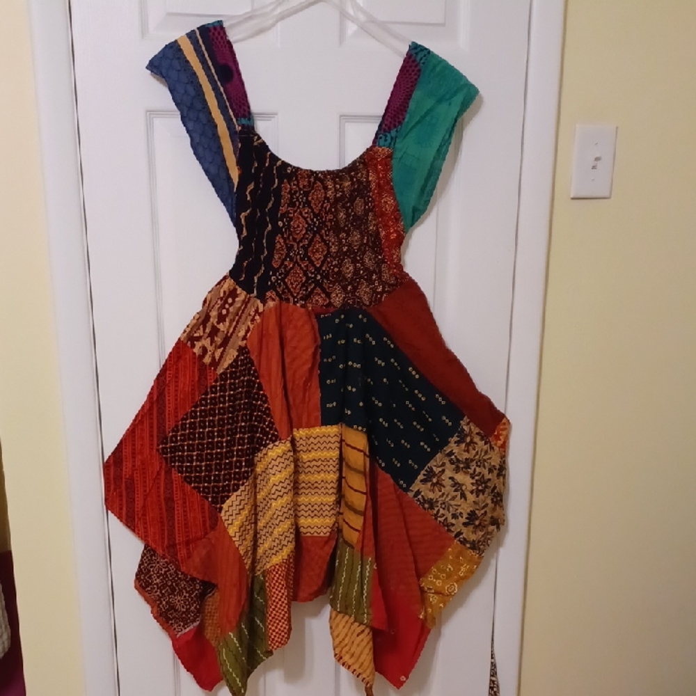 E T C. Free Size, Patchwork, Umbrella Dress. Boho Chic, Multi Color.
